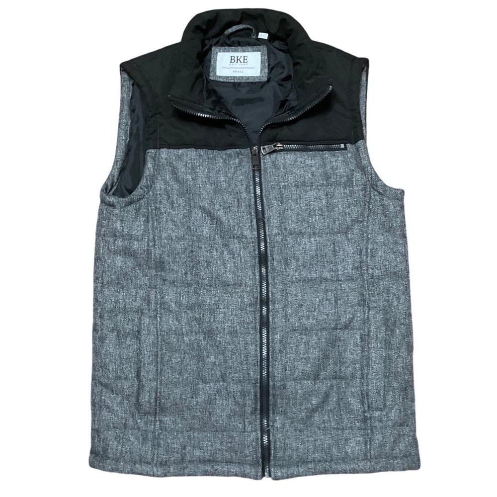 BKE Mens Puffer Vest Grey Black Herringbone Quilted Full Zip Jacket Small